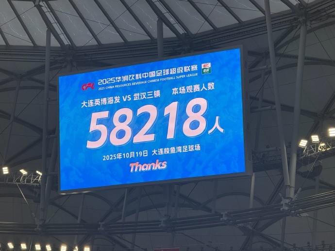 大连英博主场对阵武汉三镇，到场观众人数58218人